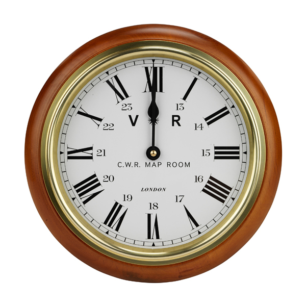 churchill war rooms replica map room pine and brass wall clock with white face and black roman numerals